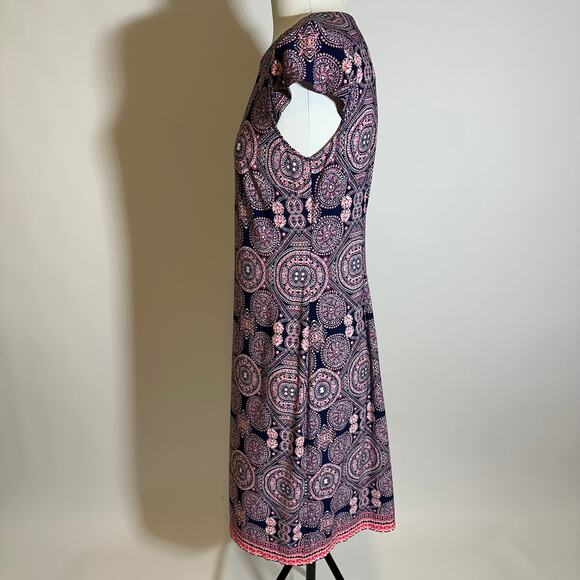 Liz Claiborne Navy Pink Coral Medallion Cap Sleeve Dress Stretch Womens Size 8 - Picture 3 of 8